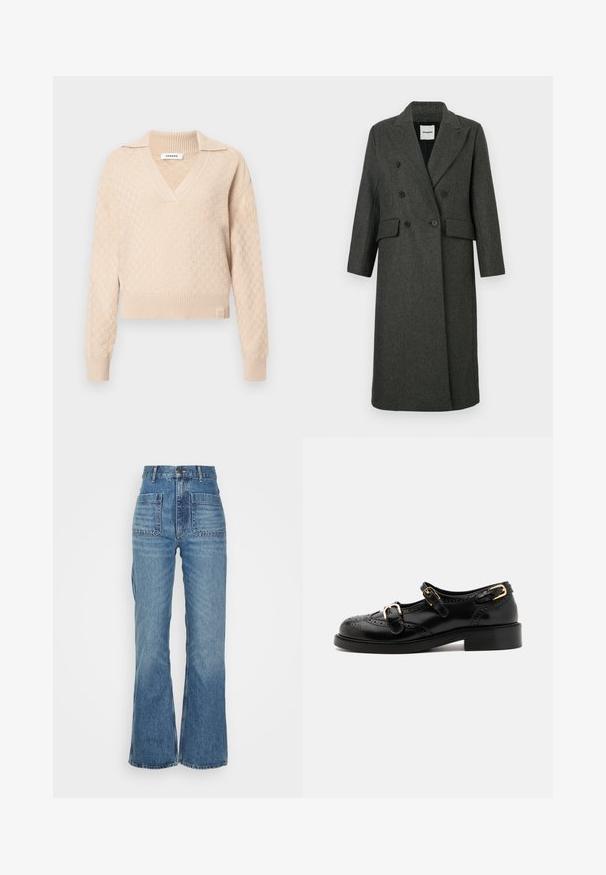 Tmavě šedý kabát z vlněné směsi s dvojitým zapínáním a klopami, dvěma předními kapsami a dvěma velkými černými knoflíky. Dlouhé rukávy, délka po kolena.; Beige pletený svetr s texturovaným diamantovým vzorem, s výstřihem do V a límečkem. Má žebrované manžety a lem, s logem značky na spodní části.; Džíny z modrého denimu s vysokým pasem a rozšířenými nohavicemi, dvěma předními kapsami a dvěma zadními kapsami; texturovaná látka s bledým praním.; Černé kožené boty s brogue detaily, vybavené dvěma sponami, zaoblenou špičkou a nízkým podpatkem. Hladký povrch s lesklým finišem.
