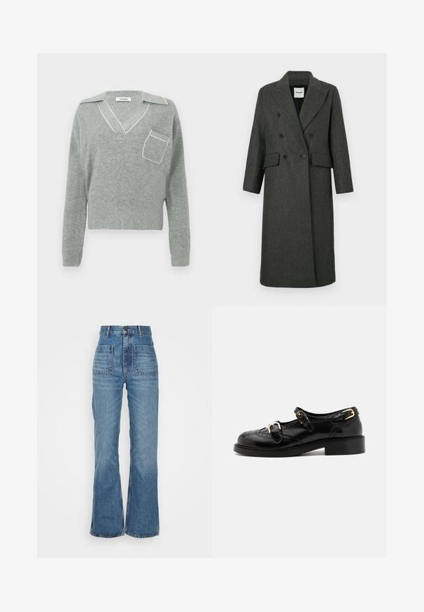 Sötétszürke gyapjú keverék, dupla gombolású kabát, kifinomult hajtókákkal, két elülső zsebbel és két nagy fekete gombbal. Hosszú ujjak, térdhosszig érő design.; Szürke kötött pulóver V-nyakkal és kontrasztos fehér díszítéssel, elöl zsebbel és hosszú ujjakkal. Könnyű textúra.; Magas derekú kék farmernadrág, szélesített lábbal, két elülső zsebbel és két hátsó zsebbel; texturált anyag, kopott hatású mosással.; Fekete bőrcipők brogue díszítéssel, két csattal, lekerekített orral és alacsony sarokkal. Simább felület fényes kivitelben.