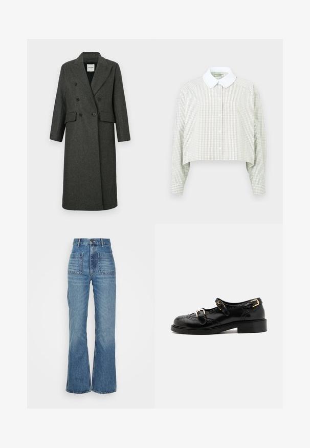 Donkergrijze wolmix dubbelzijdige jas met geknipte revers, twee voorkantenzakken en twee grote zwarte knopen. Lange mouwen, knielange ontwerp.; Korte button-up shirt in lichtgroen en wit ruitpatroon. Heeft een witte kraag en lange mouwen met knoopsluiten. Zachte stof.; Hoge taille blauwe denim jeans met een uitlopende pijp, twee voorkezen en twee achterzakken; gestructureerde stof met een vervaagde wassing.; Zwarte leren schoenen met brogue-details, voorzien van twee gespsluitingen, een ronde neus en een lage hak. Glad oppervlak met een glanzende afwerking.