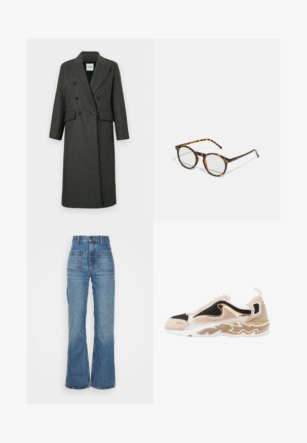 Mørkegrå uldblandet dobbeltbrystet frakke med klapkrave, to frontlommer og to store sorte knapper. Lange ærmer, knælangt design.; Skåret skjorte i lys grøn og hvidt ternet mønster. Har en hvid krave og lange ærmer med knapmanchetter. Blødt stof.; Højtkaldte blå denimjeans med flagrende ben, to forlommer og to baglommer; struktureret stof med en falmet vask.; Sneaker med en overdel i sort mesh, tan nubuck-detaljer og en guldmetallic detalje. Har en hvid sål med et bølgemønster.; Runde solbriller med skildpadde-mønster og klar linser. Har en tykk, let stel og slanke stänger.; Burgundy læderhåndtaske med chevron-quilting, guld cirkulært hardware, topgreb og justerbar skulderrem. Kompakt og struktureret design.