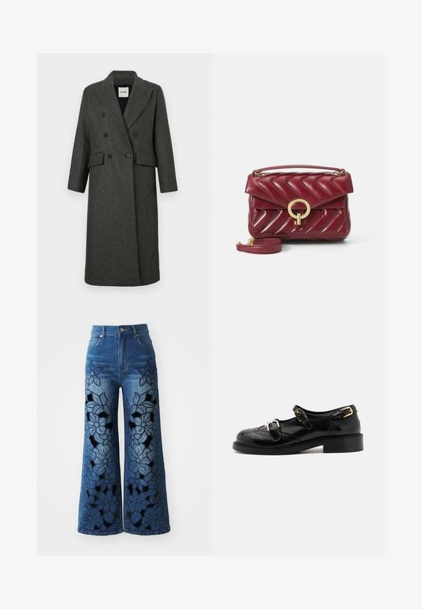 Tumši pelēks vilnas auduma divrindiņu mētelis ar iegrieztām atlociņām, divām priekšējām kabatām un divām lielām melnām pogām. Garas piedurknes, līdz ceļiem garš dizains.; Izgriezts pogkrekls gaiši zaļā un baltā rūtainā rakstā. Ar baltu apkakli un garām piedurknēm ar pogām. Mīksts audums.; Denim platām kājām bikses ar ziedu izšuvumiem un izgriezumiem uz kājām. Tām ir gaiši tumši zils gradienta krāsojums un klasiskā piecu kabatu dizains.; Melnas ādas kurpes ar brogue detaļām, ar diviem sprādžu siksnām, noapaļotu purngalu un zemu papēdi. Gluda tekstūra ar spīdīgu apdari.; Burgundijas ādas rokassoma ar ševronu šuvēm, zelta apaļa furnitūra, augšējā rokturis un regulējams plecu siksniņa. Kompakts un strukturēts dizains.