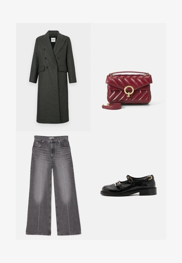 Tamsiai pilkas vilnos mišinio dvigubas paltas su išpjautomis apykaklėmis, dviem priekinių kišenėmis ir dviem dideliais juodais mygtukais. Ilgos rankovės, iki kelių ilgio dizainas.; Šviesiai žalia ir balta langeliais supjaustyta marškinėlių palaidinė. Su balta apykakle ir ilgomis rankovėmis su sagomis. Minkšta medžiaga.; Plačios kojos džinsai iš nudilto juodo džinsinio audinio, su aukštu liemeniu, priekiniais kišenėmis ir subtiliais nusidėvėjimo ženklais ant šlaunų. Klasikinis penkių kišenių dizainas.; Juodi odiniai batai su brogučių detalėmis, turintys dvi sagtis, apvalų nosį ir žemą kulną. Lygus paviršius su blizgiu finišu.; Burgundinė odinė rankinė su zigzagu siuvinėtu raštu, auksinėmis apvaliosiomis detalėmis, viršutine rankena ir reguliuojamu peties dirželiu. Kompaktiškas ir struktūrizuotas dizainas.