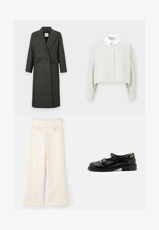 Mörkgrå ullblandning dubbelknäppt kappa med slagkrage, två framfickor och två stora svarta knappar. Långa ärmar, knälång design.; Utan knappar skjorta i ljusgrön och vit rutigt mönster. Har en vit krage och långa ärmar med knäppta manschetter. Mjuk tyg.; Vita, strukturerade vida byxor med fransad fåll, som har två bakfickor, guldknappdetaljer och sydda detaljer vid midjan.; Svarta läderskor med broguedetaljer, utrustade med två spännen, rund tå och låg klack. Slät textur med glänsande finish.