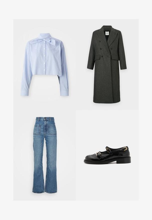 Mørkegrå uldblandet dobbeltbrystet frakke med klapkrave, to frontlommer og to store sorte knapper. Lange ærmer, knælangt design.; Lyseblå og hvid lille ternet cropped skjorte med lange ærmer, knaplukning foran, høj krave og stort sløjfedetalje.; Højtkaldte blå denimjeans med flagrende ben, to forlommer og to baglommer; struktureret stof med en falmet vask.; Sorte lædersko med brogue-detaljer, der har to spænder, rund tå og lav hæl. Glat tekstur med blank finish.