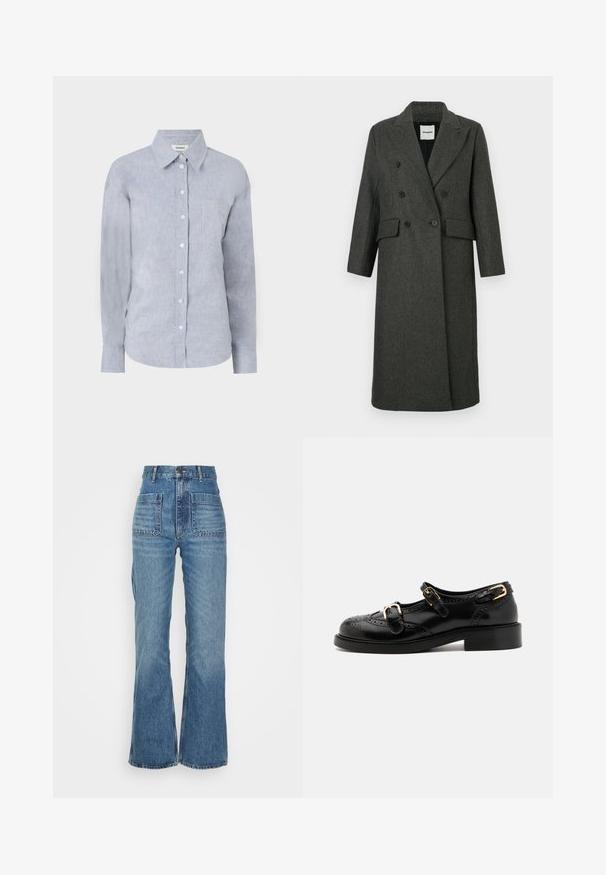 Abrigo de lana gris oscuro de mezcla, de doble botonadura, con solapas de muesca, dos bolsillos frontales y dos grandes botones negros. Diseño de manga larga y largo hasta la rodilla.; Camisa de botones azul claro en una tela texturizada, con cuello clásico, mangas largas y un bolsillo en el pecho.; Jeans de mezclilla azules de cintura alta con pernera acampanada, dos bolsillos frontales y dos traseros; tejido texturizado con un lavado descolorido.; Zapatos de cuero negro con detalles de brogue, que presentan dos correas con hebillas, una puntera redondeada y un tacón bajo. Textura suave con un acabado brillante.