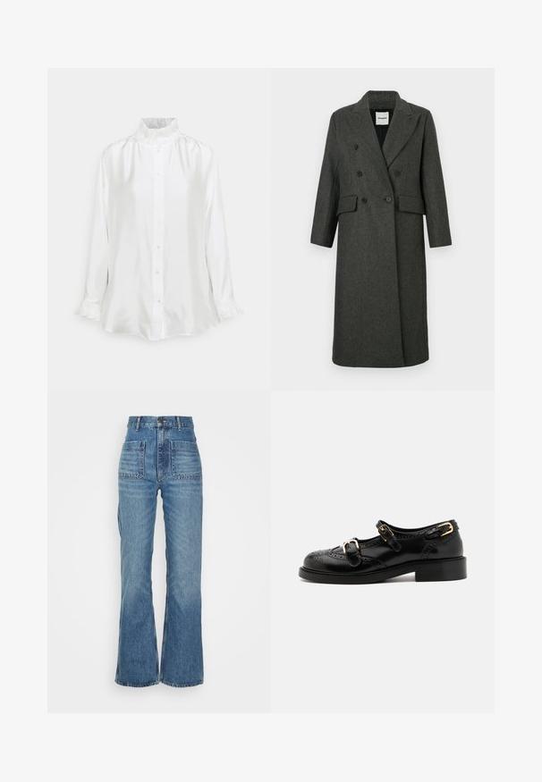 Dark grey wool blend double-breasted coat with notched lapels, two front pockets, and two large black buttons. Long sleeves, knee-length design.; White satin shirt featuring a high ruffled collar, long sleeves with frilled cuffs, and a button front closure. Smooth texture with a relaxed fit.; High-waisted blue denim jeans with a flared leg, two front pockets, and two back pockets; textured fabric with a faded wash.; Black leather shoes with brogue detailing, featuring two buckle straps, a rounded toe, and a low heel. Smooth texture with shiny finish.