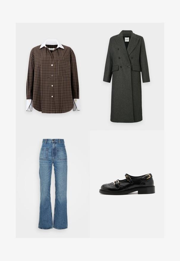 Palton din lână gri închis, cu guler tăiat, cu două rânduri de nasturi și două buzunare frontale. Mâneci lungi, design până la genunchi.; Cămașă în carouri maro și verde, cu guler alb, mâneci lungi, închidere cu nasturi și un singur buzunar la piept; prezintă o textură subtilă și un tiv rotunjit.; Jeans din denim albastru cu talie inaltă, cu picior evazat, două buzunare frontale și două buzunare pe spate; material texturat cu un aspect decolorat.; Pantofi din piele neagră cu detalii brogue, având două curele cu cataramă, vârf rotund și toc jos. Textură netedă cu finisaj lucios.