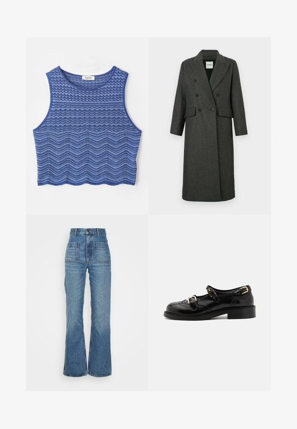 Donkergrijze wolmix dubbelzijdige jas met geknipte revers, twee voorkantenzakken en twee grote zwarte knopen. Lange mouwen, knielange ontwerp.; Geknipt tanktop in tinten van blauw, met gestructureerde zigzag- en golfpatronen, een ronde halslijn en een afgewerkte zoom.; Hoge taille blauwe denim jeans met een uitlopende pijp, twee voorkezen en twee achterzakken; gestructureerde stof met een vervaagde wassing.; Zwarte leren schoenen met brogue-details, voorzien van twee gespsluitingen, een ronde neus en een lage hak. Glad oppervlak met een glanzende afwerking.
