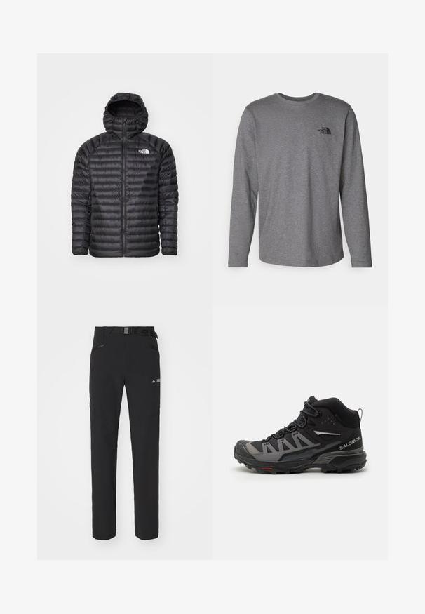 Černá zateplená bunda s kapucí, se zapínáním na zip, přešívanou texturou a logem na levém prsu. Navržena pro teplo a lehkou pohodlnost.; The North Face M L/S SIMPLE DOME TEE - Top s dlouhým rukávem - medium grey heather; Černé venkovní kalhoty s hladkým materiálem, bočními zipovými kapsami, zesílenými částmi kolen a nastavitelným pasem se sponou.; Černá a šedá středně vysoká turistická obuv s texturovaným svrškem, vyztuženou špičkou, systémem šněrování a robustní podrážkou navrženou pro trakci.