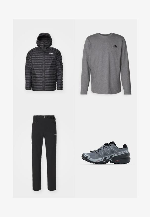 Chaqueta acolchada negra con capucha, que cuenta con un cierre de cremallera completo, textura acolchada y logo en el lado izquierdo del pecho. Diseñada para proporcionar calidez y comodidad ligera.; The North Face M L/S SIMPLE DOME TEE - Camiseta de manga larga - medium grey heather; Pantalones exteriores negros con una tela suave, bolsillos laterales con cremallera, secciones de rodillas reforzadas y una cintura ajustable con hebilla.; Zapatilla de trail running gris con un upper texturizado, detalles en negro, un perfil bajo y tacos multi-direccionales en la suela para mayor tracción.