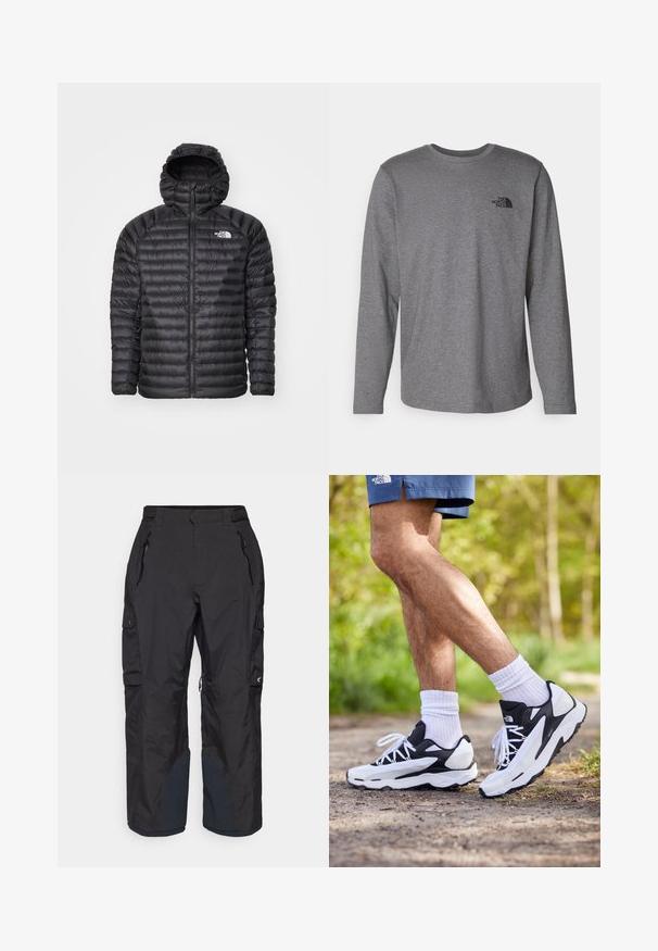 Black padded jacket with a hood, featuring a full zip, quilted texture, and logo on the left chest. Designed for warmth and lightweight comfort.; The North Face M L/S SIMPLE DOME TEE - Long sleeved top - medium grey heather; Oakley TNP EVOKE RC SHELL PANT - Snowboard pants - blackout; Black and white athletic shoes with mesh upper, textured accents, and white laces. Worn with white ankle socks and navy shorts on a path.