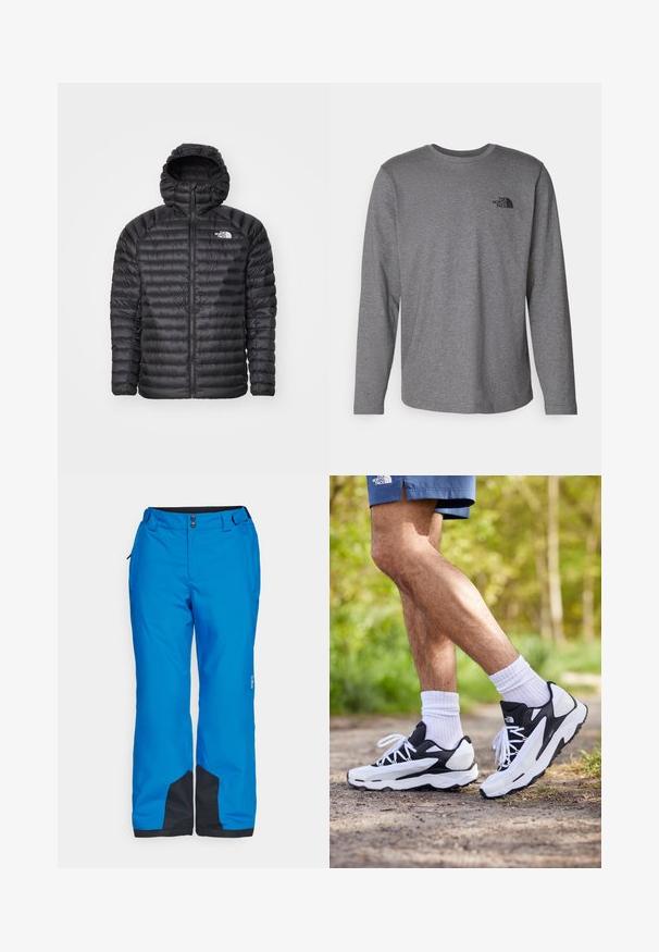 Czarna pikowana kurtka z kapturem, wyposażona w pełny zamek błyskawiczny, o pikowanej fakturze i logo na lewej piersi. Zaprojektowana dla zapewnienia ciepła i lekkiego komfortu.; The North Face - Bluzka z długim rękawem; Niebieskie spodnie narciarskie o gładkiej fakturze, z podwójnymi guzikami z przodu oraz czarnymi akcentami na mankietach i bocznych kieszeniach dla większej funkcjonalności.; Czarno-białe buty sportowe z siateczkową cholewką, teksturowanymi akcentami i białymi sznurówkami. Noszone z białymi skarpetkami do kostek i granatowymi szortami na ścieżce.