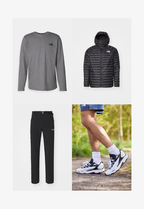 Mustassa topatussa takissa on huppu, täysipitkä vetoketju, tikattu rakenne ja logo vasemmassa rinnassa. Suunniteltu lämpöä ja keveyttä varten.; The North Face M L/S SIMPLE DOME TEE - Pitkähihainen paita - medium grey heather; Mustat ulkoiluhousut, joissa on sileä kangas, sivuilla vetoketjulliset taskut, vahvistetut polviosat ja säädettävä vyötärö, jossa on solki.; Mustat ja valkoiset urheilukengät, joissa on verkkopinta, tekstuuriset yksityiskohdat ja valkoiset nauhat. Yhdistetty valkoisiin nilkkasukkiin ja laivaston sinisiin shortsireihin polulla.