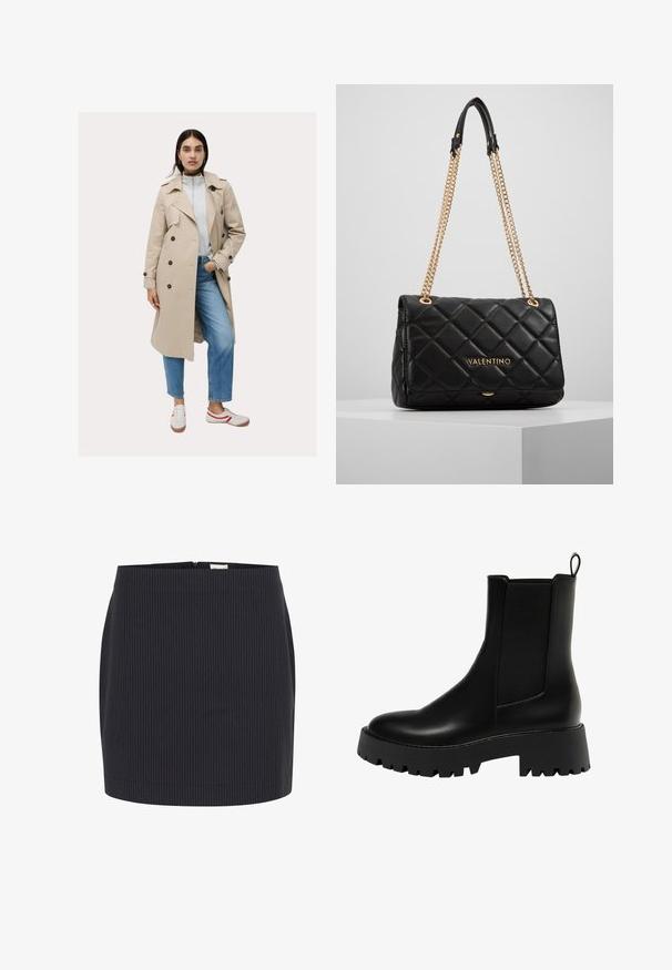 Trench coat beige con design doppiopetto e bottoni scuri, abbinato a una felpa grigia chiara e jeans blu, accessoriato con sneakers.; Camicetta bianca a maniche lunghe in misto cotone, con scollatura a girocollo e design slim fit. Nessun motivo o accento visibile.; Gonna blu scuro con righe verticali bianche, vestibilità slim, texture liscia e chiusura con cerniera sul retro, orlo rifinito alla base.; Stivale alla caviglia in pelle nera con pannello laterale testurizzato, punta tonda e suola platform spessa con motivo a zigzag.; Borsa a tracolla nera in pelle trapuntata con catena dorata e dettaglio del logo. Forma rettangolare, texture liscia, con chiusura a pattina.