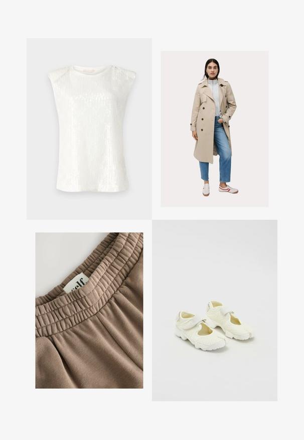 Beżowy trench coat z podwójnym zapięciem i ciemnymi guzikami, w połączeniu z jasnoszarym swetrem i niebieskimi dżinsami, uzupełniony trampkami.; Bezramionowa biała bluzka z cekinową teksturą, okrągłym dekoltem i lekko wyeksponowanym krojem ramion. Lekki, gładki materiał.; Brązowy elastyczny pasek w talii z marszczonym teksturem, przymocowana etykieta z napisem "self" oraz miękka tkanina o gładkiej powierzchni i neutralnym odcieniu.; Białe siatkowe buty o zbudowanej konstrukcji, z rzepem i wyciętymi bokami, teksturowanym materiałem oraz masywną podeszwą.