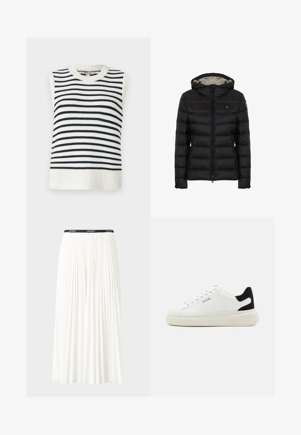 Schwarze gepolsterte Jacke mit Kapuze, ausgestattet mit einem Reißverschluss vorne, gestepptem Design und einem helleren Futter. Enthält ein Logo-Patch am Ärmel.; Ärmelloses Stricktop mit Rundhalsausschnitt, mit marineblauen und weißen horizontalen Streifen, geripptem Saum und glatter Textur.; Faltenrock aus Weiß mit einem schwarzen elastischen Bund, der das "LACOSTE"-Logo trägt. Mittellanges Design mit weicher Textur.; Weiße Leder-Sneaker mit einer dicken weißen Sohle, schwarzem Wildlederakzent an der Ferse und geprägtem Logo an der Seite. Schnürdesign mit sechs Ösen.