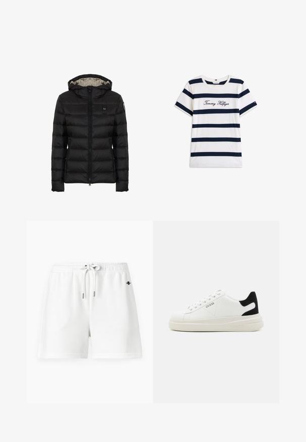 Czarna ocieplana kurtka z kapturem, z zamkiem z przodu, pikowanym wzorem i jaśniejszym podszewką. Zawiera naszywkę z logo na rękawie.; Bawełniana koszulka z poziomymi granatowymi paskami na białym tle. "Tommy Hilfiger" wyszyte kursywą na klatce piersiowej. Okrągły dekolt.; Białe szorty do biegania z elastycznym pasem i sznurkiem do regulacji. Wykonane z miękkiego materiału bawełnianego, z minimalnym szwem i małym logo.; Białe skórzane sneakersy z grubą białą podeszwą, czarnym zamszowym akcentem na pięcie oraz wytłoczonym logotypem z boku. Projekt z sznurówkami i sześcioma dziurkami.