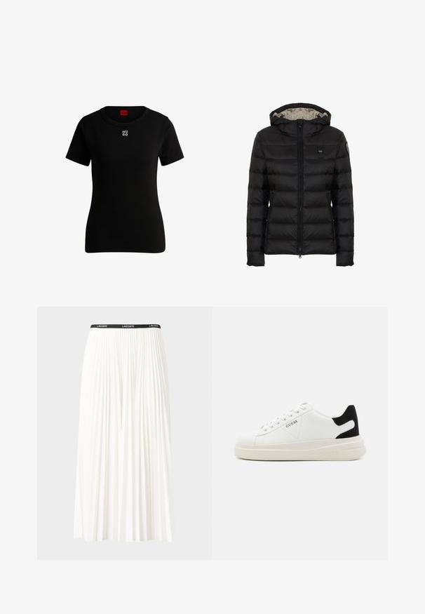 Sort polstret jakke med hætte, med lynlås foran, quiltet design og et lysere for. Inkluderer et logo-patch på ærmet.; Sort t-shirt med korte ærmer lavet af blød bomuld, med rund halsudskæring og et lille hvidt "HUGO" logo på brystet. Klassisk pasform.; Plisseret hvid nederdel med en sort elastisk talje, der har "LACOSTE"-logoet. Mellemlang design med blød tekstur.; Hvide lædersneakers med en tyk hvid sål, sort ruskindhælvægt og prægede logoer på siden. Snørebåndsdesign med seks øjer.