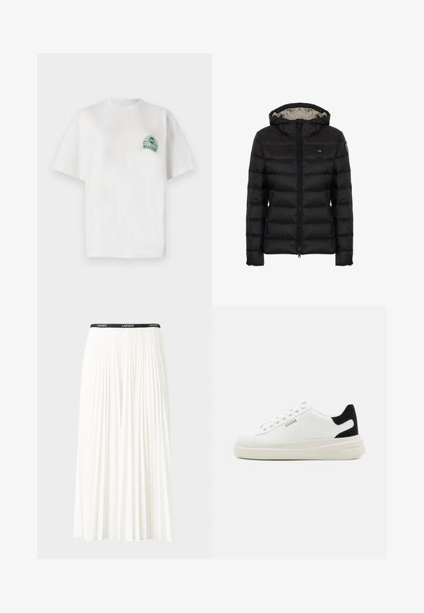 Svart vadderad jacka med huva, med dragkedja fram, quiltat mönster och en ljusare foder. Inkluderar en logotyp-patch på ärmen.; Vit bomull t-shirt med korta ärmar och rund halsringning. Den har en grön grafisk print på vänster bröst.; Fälld vit kjol med svart elastiskt midjeband som har "LACOSTE"-logotypen. Mittenlång design med mjuk textur.; Vita lädersneakers med en tjock vit sula, svartsuede hälaccent och präglad logotyp på sidan. Snörningsdesign med sex öglor.