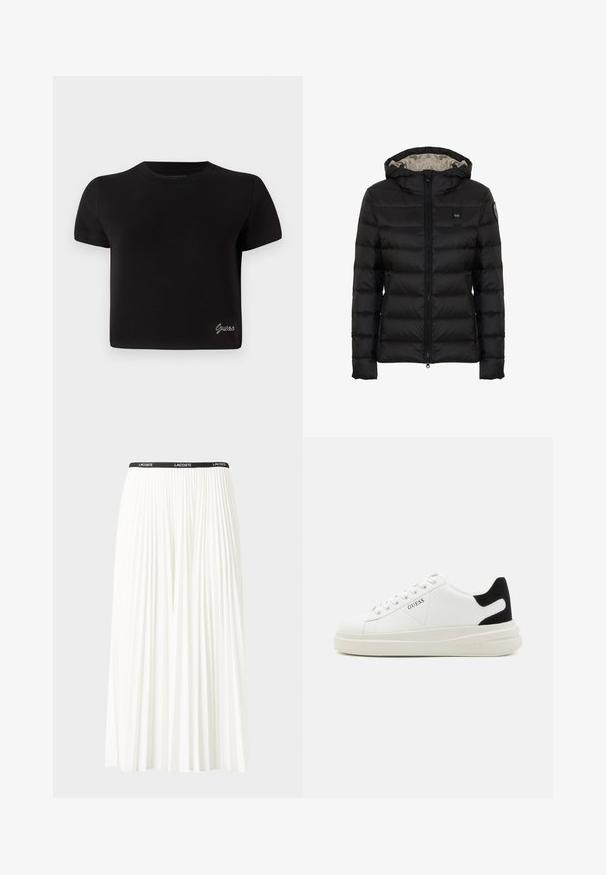 Chaqueta acolchada negra con capucha, con cierre de cremallera en el frente, diseño acolchado y un forro de color más claro. Incluye un parche con logo en la manga.; Camiseta negra de algodón, de mangas cortas. Cuenta con un escote redondo y un pequeño logo plateado de "Guess" en la parte inferior izquierda.; Falda blanca plisada con una cinturilla elástica negra que presenta el logotipo "LACOSTE". Diseño de longitud media con textura suave.; Zapatillas blancas de cuero con una suela blanca gruesa, acento en el talón de ante negro y logo grabado en el lateral. Diseño de cordones con seis ojales.