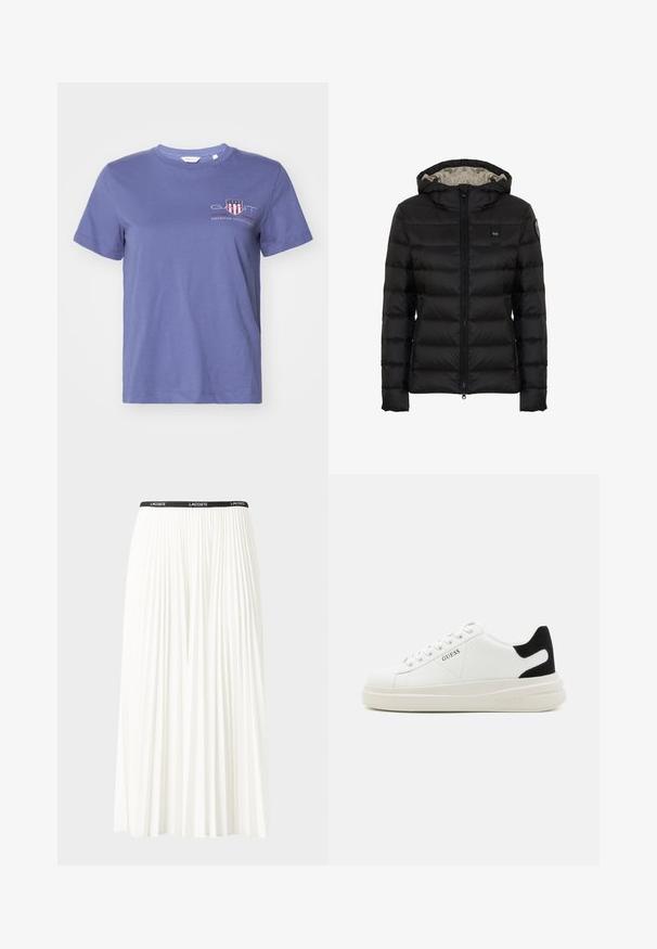 Zwarte gewatteerde jas met een capuchon, met een rits aan de voorkant, een doorgestikt ontwerp en een lichtergekleurd voering. Inclusief een logo patch op de mouw.; Paarse katoenen t-shirt met korte mouwen, ronde halslijn en een print aan de voorkant met "GANT" en "AMERICAN SPORTSWEAR" in rood en wit.; Plisséminirok in het wit met een zwarte elastische tailleband met het "LACOSTE"-logo. Middellange ontwerp met een zachte textuur.; Witte leren sneakers met een dikke witte zool, zwarte suède hielaccent en een geperst logo op de zijkant. Vetersluiting met zes oogjes.
