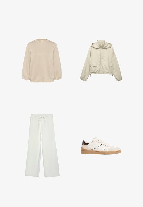 Hellbeige, taillierte Jacke aus leichtem Material, mit durchgehendem Reißverschluss, Kapuze, zwei Fronttaschen und verstellbaren Kordelzügen am Saum.; Kaffe KASIF - Sweatshirt - feather gray; Weiße, weit geschnittene Hose aus weichem Stoff. Mit einem elastischen Bund und einem Kordelzug sowie einer glatten Oberfläche. Keine sichtbaren Muster oder Hardware.; Stradivarius Sneaker low - white