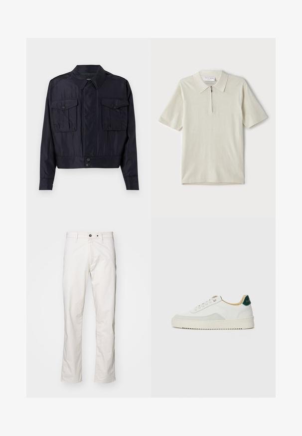 Dunkelblaues Bomberjackett aus glattem Material. Verfügt über zwei Brusttaschen, einen spitzen Kragen und einen Knopfverschluss an der Taille.; Kurzärmliges Poloshirt in hellbeige mit Reißverschlusskragen. Hergestellt aus glattem Stoff, bietet es ein einfaches, modernes Design ohne Muster.; Weiße Baumwollhose mit geradem Bein, ausgestattet mit zwei Fronttaschen und zwei Gesäßtaschen, Knopfverschluss und minimalen Nähdetails.; Weiße Sneaker mit Wildlederelementen, runder Zehenpartie, flachen Schnürsenkeln und einer cremefarbenen Gummisohle. Mit grünen Markenlogo am Fersenbereich.