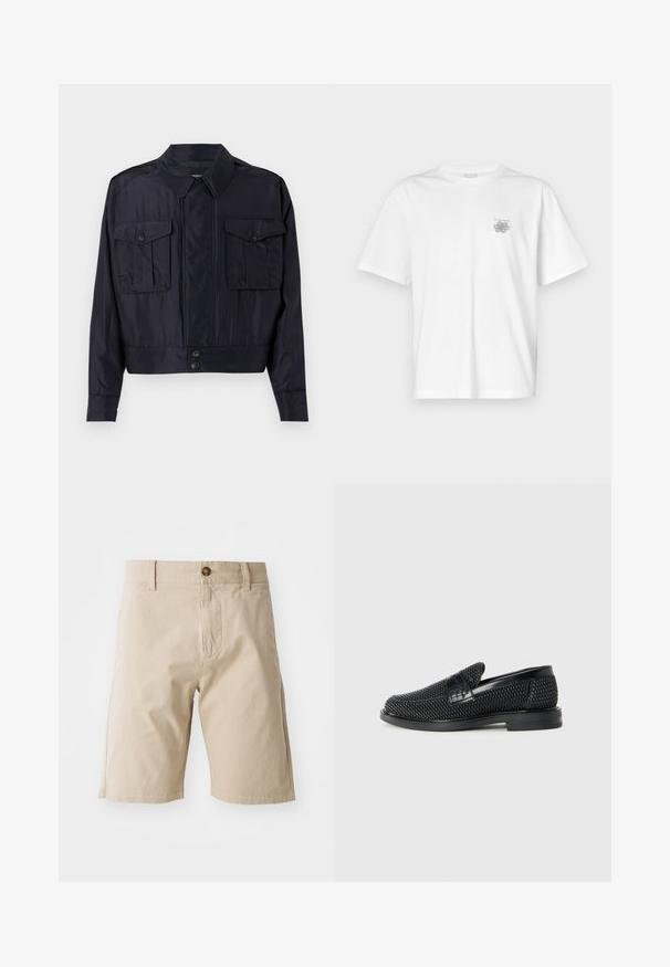 Ciemnoniebieska bomberka wykonana z gładkiego materiału. Posiada dwie kieszenie na piersiach, wyłogowy kołnierz oraz zapięcie na guzik w talii.; Biała koszulka z bawełny z krótkimi rękawami, okrągłym dekoltem i małym szarym logo po lewej stronie klatki piersiowej. Gładka tekstura.; Beżowe szorty bawełniane z zapięciem na guzik, szlufkami na pasek i bocznymi kieszeniami; gładka faktura i prosta sylwetka.; Czarny, pleciony but wsuwany z gładkim skórzanym akcentem na cholewce, o okrągłym nosku i niskoprofilowej gumowej podeszwie.