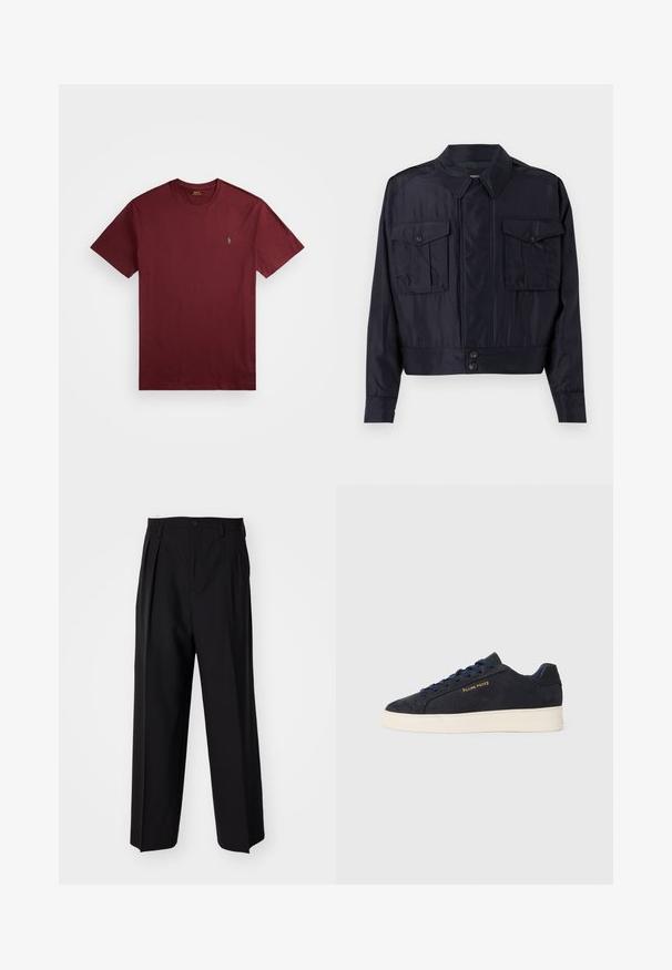 Dark navy bomber jacket made of sleek fabric. Features two chest pockets, a pointed collar, and a button closure at the waist.; Burgundy cotton t-shirt with short sleeves, crew neckline, and a small green logo embroidered on the left chest. Smooth texture.; Black pleated trousers with a straight, wide-leg design. Made from smooth fabric, featuring a button closure and belt loops.; Navy blue suede low-top sneaker with white sole, navy laces, and "Filling Pieces" logo in gold on the side.