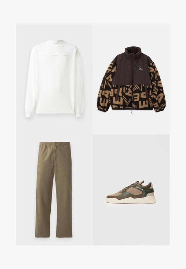 Brūns un bēšs ar rāvējslēdzēju aiztaisāms džemperis ar fleece tekstūru, ģeometriskie raksti uz piedurknēm, augsts apkakle un zīmola logo uz krūtīm.; Balts džemperis ar apaļu kakla izgriezumu, garām piedurknēm un ribotām aprocēm. Priekšpusē ir zeltā drukāts teksts: "HZW (25-26) HOLZWEILER THE SUN."; Khaki bikses, kas izgatavotas no viegla auduma. Tām ir elastīga josta, pogu aizdare, taisnas kājas un gluda tekstūra.; Beige un zaļi zemi sporta apavi ar perforētām malām, baltu zoli, sasienamu priekšpusi un "FILLING PIECES" zīmolu sānu panelī.