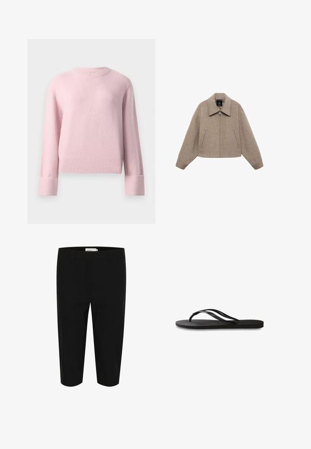 Veste en laine beige raccourcie avec un grand col, fermeture éclair à l'avant et deux poches latérales ; elle présente une texture douce et un design minimaliste.; Pull en sweat rose pâle à col rond avec des manches longues, des poignets côtelés et un ourlet côtelé, présenté sur un fond blanc uni.; Shorts bermuda noirs en tissu tissé. Comprend deux poches avant et une taille nette avec passants de ceinture. Texture lisse et coupe ajustée.; Tongs noires avec une semelle en caoutchouc texturée, deux fines lanières et un détail de logo embossé subtil sur la lanière.