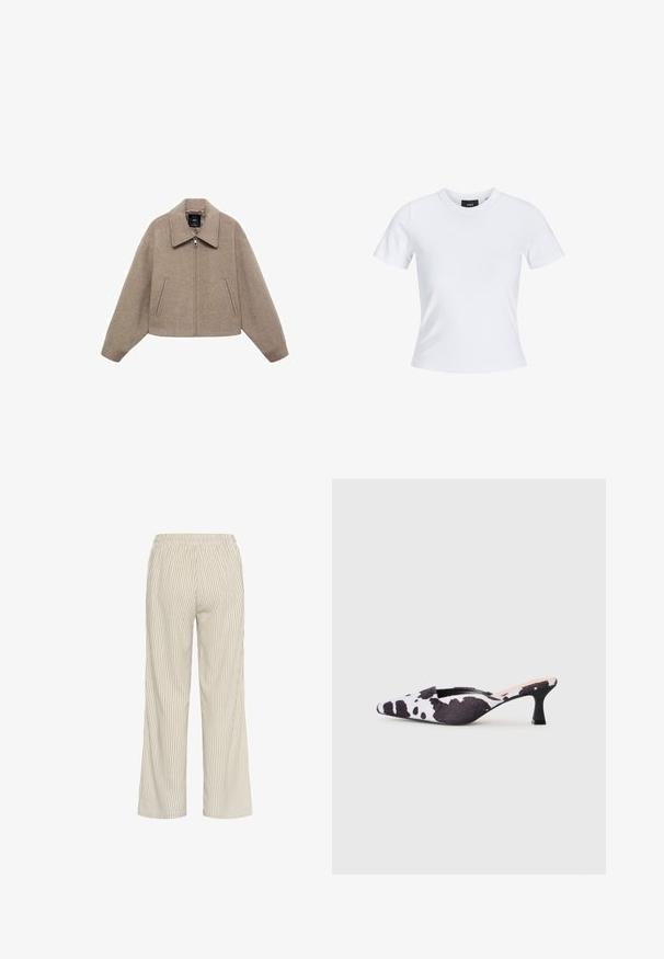 Skrajšan bež volneni jopič z velikim ovratnikom, sprednjim zadrgo in dvema stranskima žepoma; ima mehak teksturo in minimalističen dizajn.; Bela majica s kratkimi rokavi in okroglo izrezom, izdelana iz bombažnega materiala, s prilegajočo silhueto in črno oznako blagovne znamke znotraj ovratnika.; Svetlo bež prugaste hlače širokega kroja, z elastičnim pasom in navpičnimi črtami, ki ustvarjajo teksturiran videz.; Špičaste slingback pete v črno-beli kravji vzorec. Zgornji del iz tkanine z teksturirano površino in tanek črn pet.