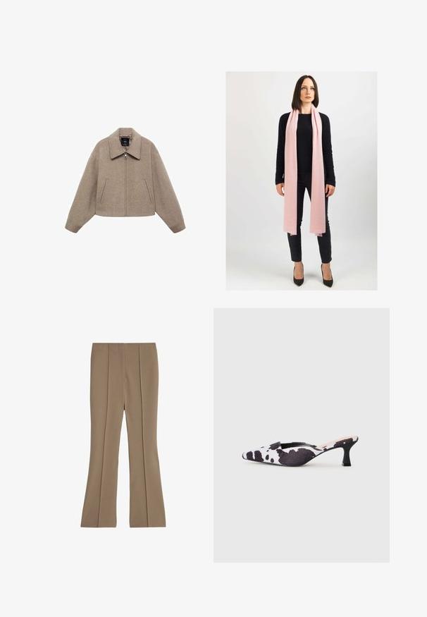 Geknipt, beige wollen jas met een grote kraag, een rits aan de voorkant en twee zijzakken; heeft een zachte textuur en een minimalistisch ontwerp.; Witte T-shirt met korte mouwen en een ronde hals, gemaakt van katoen, met een getailleerde snit en een zwart merklabel aan de binnenkant van de kraag.; Beige flare-broek gemaakt van rekbaar materiaal, met een platte voorkant met plooien, een gladde textuur en een gematigde taille.; Puntige slingbackhakken in zwart-wit koeienprintdesign. Bovenwerk van stof met een gestructureerde afwerking en een slanke zwarte hak.; Lichtroze sjaal van zacht materiaal, losjes om de hals gedrapeerd. Gekocht bij een zwarte trui en donkere broeken. Hakken maken de look af.