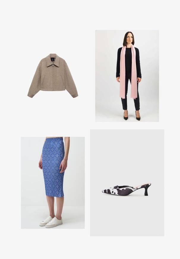 Gekürzte, beigem Wolle-Jacke mit großem Kragen, Frontreißverschluss und zwei seitlichen Taschen; verfügt über eine weiche Textur und minimalistisches Design.; Kurzärmliger Strickpullover in Creme mit einem braunen abstrakten Druck. Gerippter Rundhalsausschnitt und Bündchen, weiche Textur, lockere Passform.; Blaue gemusterte Midirock mit schmaler Silhouette, elastischem Bund und gerippter Textur, kombiniert mit weißen Sneakers.; Schwarze und weiße Slingback-High Heels mit spitzem Schuhdesign im Kuhfellmuster. Obermaterial aus Stoff mit strukturierter Oberfläche und schmalem schwarzen Absatz.; Heller rosa Schal aus weichem Material, locker um den Hals drapiert. Getragen mit einem schwarzen Pullover und dunklen Hosen. Hochhackige Schuhe runden den Look ab.; Braune Leder-Handtasche mit strukturiertem Oberfläche und Monogramm-Muster. Verfügt über eine geschwungene Form, goldfarbene Hardware und einen abnehmbaren Gurt.