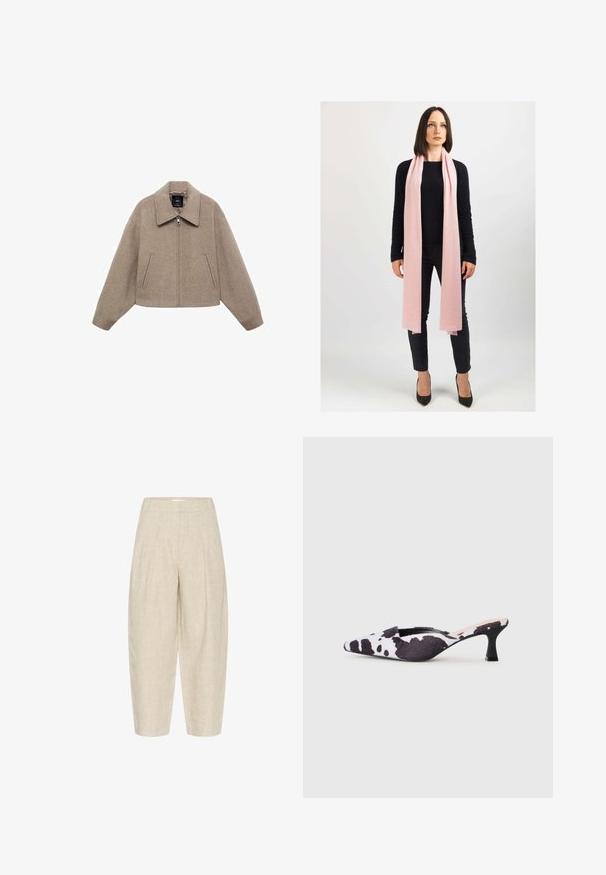 Skrócona, beżowa wełniana kurtka z dużym kołnierzem, przednim zamkiem błyskawicznym i dwoma bocznymi kieszeniami; wyróżnia się miękką fakturą i minimalistycznym designem.; Sweter z krótkim rękawem w kolorze kremowym, z brązowym abstrakcyjnym wzorem. Żebrowany okrągły dekolt i mankiety, miękka tekstura, luźny krój.; Beżowe lniane spodnie o luźnym kroju, z plisami w pasie, skróconą długością i fakturowanym, tkanym materiałem.; Sandały na obcasie z odkrytymi palcami w czarno-białą skórkę krowy. Tkaninowa cholewka o teksturowanym wykończeniu i smukły czarny obcas.; Jasnoróżowy szalik z miękkiego materiału, luźno zarzucony na szyję. Noszony z czarnym swetrem i ciemnymi spodniami. Wysokie obcasy dopełniają całość.