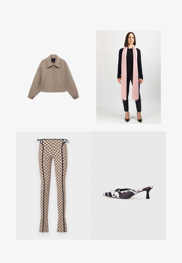Giacca in lana beige, cropped, caratterizzata da un ampio colletto, chiusura frontale con zip e due tasche laterali; presenta una consistenza morbida e un design minimalista.; Maglione a maniche corte in crema, con una stampa astratta marrone. Collo rotondo e polsini a costine, texture morbida, vestibilità rilassata.; Leggings a fantasia di un delicato color pesca con stampa nera del logo, caratterizzati da cuciture laterali nere e lacci in vita. Design svasato.; Décolleté slingback in design di stampa bovina bianco e nero. Parte superiore in tessuto con finitura testurizzata e tacco nero sottile.; Sciarpa rosa chiaro in morbido materiale, drappata liberamente attorno al collo. Indossata con un maglione nero e pantaloni scuri. Scarpe con tacchi alti completano il look.