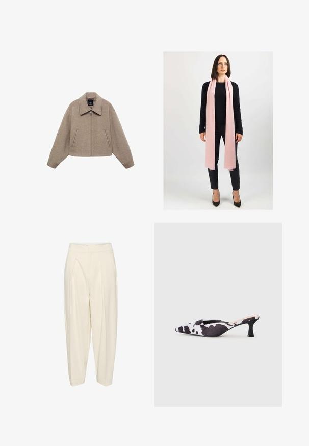 Skrócona, beżowa wełniana kurtka z dużym kołnierzem, przednim zamkiem błyskawicznym i dwoma bocznymi kieszeniami; wyróżnia się miękką fakturą i minimalistycznym designem.; Sweter z krótkim rękawem w kolorze kremowym, z brązowym abstrakcyjnym wzorem. Żebrowany okrągły dekolt i mankiety, miękka tekstura, luźny krój.; Kremowe, dopasowane spodnie o wysokim stanie, z plisowanym przodem i zwężanymi nogawkami. Wykonane z gładkiego materiału bez wzorów i dekoracji.; Sandały na obcasie z odkrytymi palcami w czarno-białą skórkę krowy. Tkaninowa cholewka o teksturowanym wykończeniu i smukły czarny obcas.; Jasnoróżowy szalik z miękkiego materiału, luźno zarzucony na szyję. Noszony z czarnym swetrem i ciemnymi spodniami. Wysokie obcasy dopełniają całość.; Brązowa skórzana torebka o teksturowanej powierzchni i wzorze monogramu. Posiada zaokrąglony kształt, złote metalowe elementy oraz odczepiany pasek.