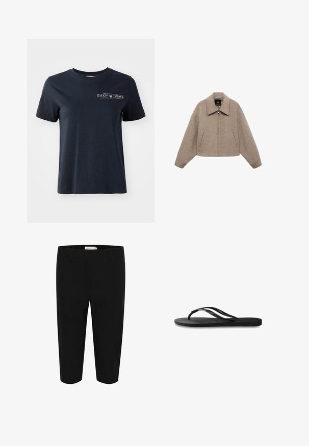 Cropped, beige wool jacket with a large collar, front zipper, and two side pockets; features a soft texture and minimalistic design.; Navy blue cotton T-shirt with short sleeves, crew neck, and a front logo design featuring text and decorative elements.; Black bermuda shorts made of woven fabric. Features two front pockets and a clean waistband with belt loops. Smooth texture and tailored fit.; Black flip-flop featuring a textured rubber sole, two slender straps, and a subtle, embossed logo detail on the strap.
