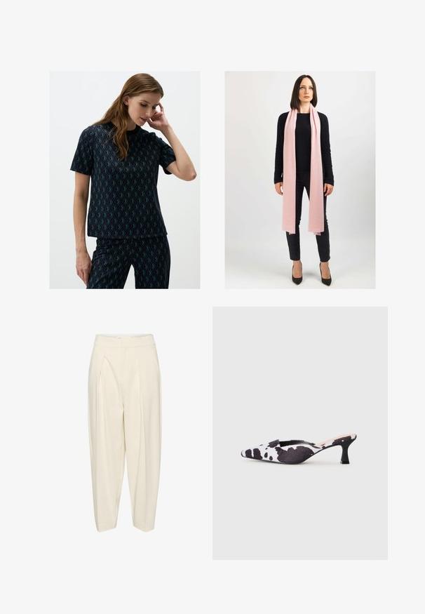 Gekürzte, beigem Wolle-Jacke mit großem Kragen, Frontreißverschluss und zwei seitlichen Taschen; verfügt über eine weiche Textur und minimalistisches Design.; Schwarzes Kurzarmoberteil mit geometrischem petrolfarbenen Muster. Glatte Textur und lockere Passform, mit rundem Ausschnitt und leichtem Stretch.; Helle, maßgeschneiderte Hose mit hoher Taille, gefältelter Vorderseite und schmal zulaufenden Beinen. Hergestellt aus einem glatten Stoff ohne Muster oder Verzierungen.; Schwarze und weiße Slingback-High Heels mit spitzem Schuhdesign im Kuhfellmuster. Obermaterial aus Stoff mit strukturierter Oberfläche und schmalem schwarzen Absatz.; Heller rosa Schal aus weichem Material, locker um den Hals drapiert. Getragen mit einem schwarzen Pullover und dunklen Hosen. Hochhackige Schuhe runden den Look ab.; Braune Leder-Handtasche mit strukturiertem Oberfläche und Monogramm-Muster. Verfügt über eine geschwungene Form, goldfarbene Hardware und einen abnehmbaren Gurt.