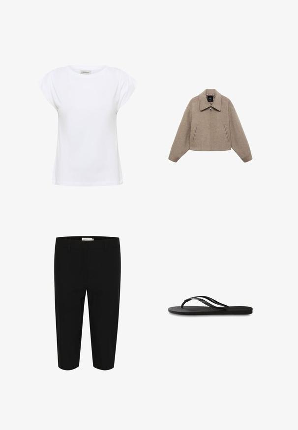 Geknipt, beige wollen jas met een grote kraag, een rits aan de voorkant en twee zijzakken; heeft een zachte textuur en een minimalistisch ontwerp.; Witte t-shirt gemaakt van zachte katoen, met een ronde halslijn en korte geplooide mouwen. De zoom is recht en een beetje los-fitting.; Zwarte bermuda shorts van geweven stof. Heeft twee voorkruiden en een nette tailleband met riemlussen. Glad oppervlak en slim fit.; Zwarte flip-flop met een gestructureerde rubberen zool, twee slanke banden en een subtiele, ingedrukte logo-detail op de band.