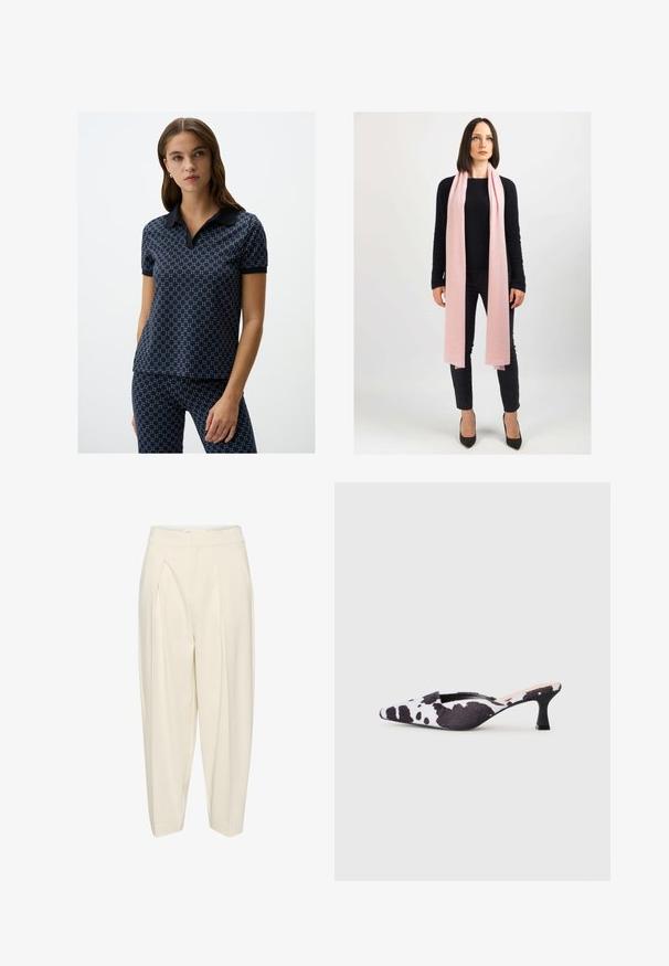 Geknipt, beige wollen jas met een grote kraag, een rits aan de voorkant en twee zijzakken; heeft een zachte textuur en een minimalistisch ontwerp.; Marineblauwe polo met een gemusterd design, korte mouwen en een donkere kraag; gecombineerd met bijpassende gemusterde broek. Soepele textuur, casual fit.; Crème kleurige op maat gemaakte broeken met een hoge taille, geplooide voorkant en taps toelopende benen. Gemaakt van een gladde stof zonder patronen of versieringen.; Puntige slingbackhakken in zwart-wit koeienprintdesign. Bovenwerk van stof met een gestructureerde afwerking en een slanke zwarte hak.; Lichtroze sjaal van zacht materiaal, losjes om de hals gedrapeerd. Gekocht bij een zwarte trui en donkere broeken. Hakken maken de look af.; Bruine leren handtas met een gestructureerd oppervlak en een monogrampatroon. Heeft een gebogen vorm, gouden hardware en een afneembare schouderband.
