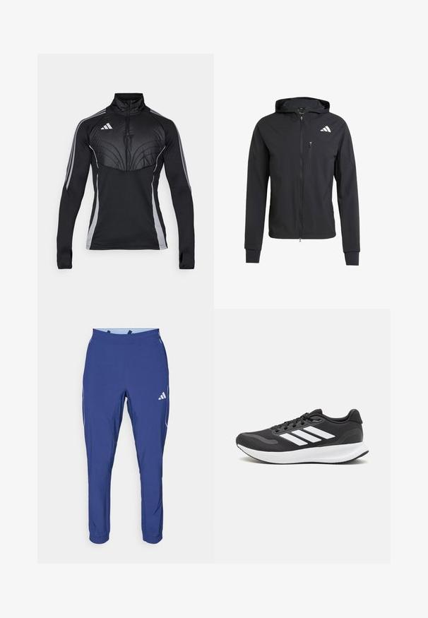 Melnas jaku ar rāvējslēdzēju, izgatavota no mīksta, viegla auduma. Iekļauj rāvējslēdzēja kabatu krūtīs un logotipa dizainu augšējā kreisajā pusē.; Melnā sporta pulvers ar rāvējslēdzēja apkakli, ar iešūtu augšējo paneli, pelēku sānu svītru un pirkstu caurumiem piedurkņos labākai saķerei.; adidas Performance TECH APP - Treniņtērpa apakšdaļas - dark blue/glow blue; Melnas sporta kurpes ar elpojošu acs augšu, baltām akcentiem un mīkstu zoli. Sānā ir trīs svītru logo.