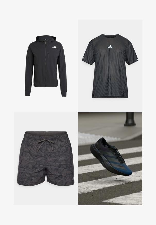 Black zip-up hooded jacket made of soft, lightweight fabric. Features a zippered chest pocket and logo detail on the upper left side.; Black athletic t-shirt with short sleeves, featuring a textured diagonal stripe pattern and a white Adidas logo on the chest and sleeves.; Black swim shorts with a subtle textured pattern, elastic waistband, adjustable drawstring, and side logo accent.; Black and blue athletic shoe with a streamlined design, featuring a textured upper, contrasting stripes, and a cushioned sole, hovering over pavement.