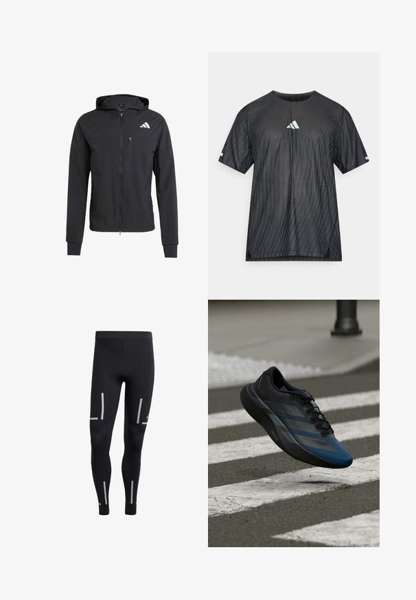 Čierna zipsová bunda s kapucňou vyrobená z mäkkej, ľahkej tkaniny. Má zipsovú náprsné vrecko a logo umiestnené v hornej ľavej časti.; Čierne atletické tričko s krátkym rukávom, so štruktúrovaným diagonálnym pruhovaným vzorom a bielym logom Adidas na hrudi a rukávoch.; Čierne športové legíny s priliehavým strihom, vyrobené z elastického materiálu; obsahujú reflexné pruhy po stranách pre zviditeľnenie.; Čierna a modrá atletická obuv s aerodynamickým dizajnom, vybavená štruktúrovaným zvrškom, kontrastnými pruhmi a pohodlnou podrážkou, ktorá sa vznáša nad asfaltom.