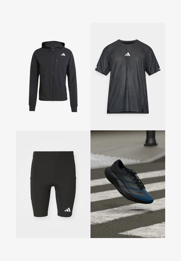 Black zip-up hooded jacket made of soft, lightweight fabric. Features a zippered chest pocket and logo detail on the upper left side.; Black athletic t-shirt with short sleeves, featuring a textured diagonal stripe pattern and a white Adidas logo on the chest and sleeves.; Black athletic shorts with a fitted design, made from stretch fabric. Features three pockets and a white Adidas logo on the lower leg.; Black and blue athletic shoe with a streamlined design, featuring a textured upper, contrasting stripes, and a cushioned sole, hovering over pavement.