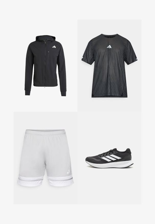 Svart hettejakke med glidelås laget av mykt, lett materiale. Har en glidelåslomme på brystet og logo detaljer øverst til venstre.; Svart atletisk t-skjorte med korte ermer, med et teksturert diagonalt stripemønster og en hvit Adidas-logo på brystet og ermene.; Lysegrå treningshorts med elastisk liv, med hvite og grå stripete detaljer i kanten og et Adidas-logo.; Svarte sportsko med pustende mesh-overdel, hvite detaljer og en polstret såle. Har tre striper-logo på siden.
