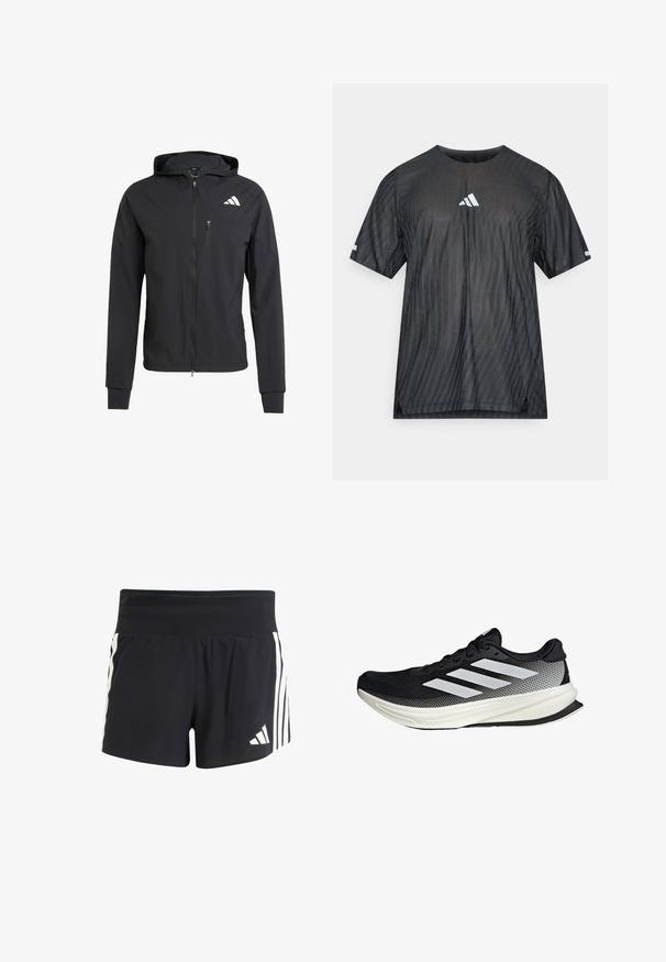 Sort zip-up hættetrøje lavet af blødt, letvægtsstof. Har en lynlåslomme på brystet og logo-detalje på øverste venstre side.; Sort atletik t-shirt med korte ærmer, der har et tekstureret diagonalt stribemønster og en hvid Adidas-logo på brystet og ærmerne.; Sorte atletiske shorts med et tekstureret stof, der har en bred elastisk talje og tre lodrette hvide striber på siderne. adidas-logo på kanten.; Sort atletisk sko med mesh-design, der har hvide striber, en rund tå og en tekstureret sål for greb og støtte.