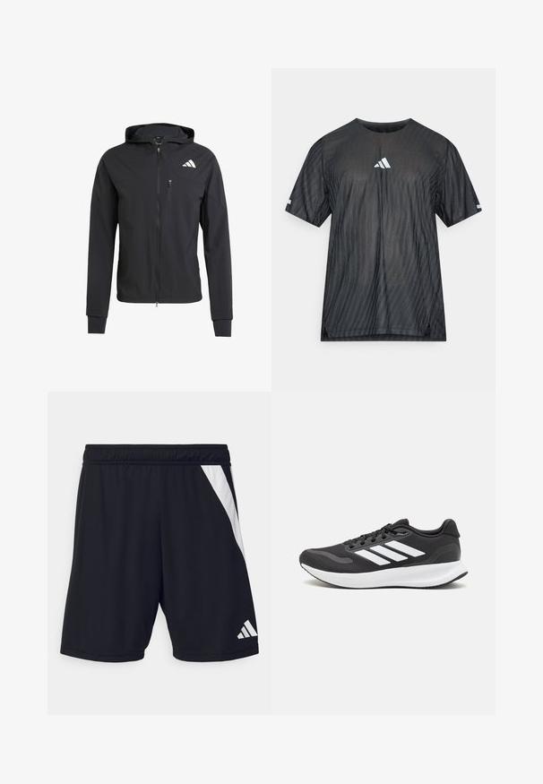 Crna zip-jakna s kapuljačom izrađena od mekog, laganog materijala. Ima ziper džep na grudima i detalj s logotipom na gornjoj lijevoj strani.; Crna atletska majica kratkih rukava s teksturiranim dijagonalnim prugama i bijelim Adidas logotipom na prsima i rukavima.; Crne atletske kratke hlače s elastičnom trakom na struku, sa dijagonalnom bijelom prugom s lijeve strane i bijelim logotipom u donjem desnom kutu.; Crne atletske tenisice s prozračnom mrežicom na gornjem dijelu, bijelim akcentima i mekanim potplatom. Imaju logo s tri pruge sa strane.