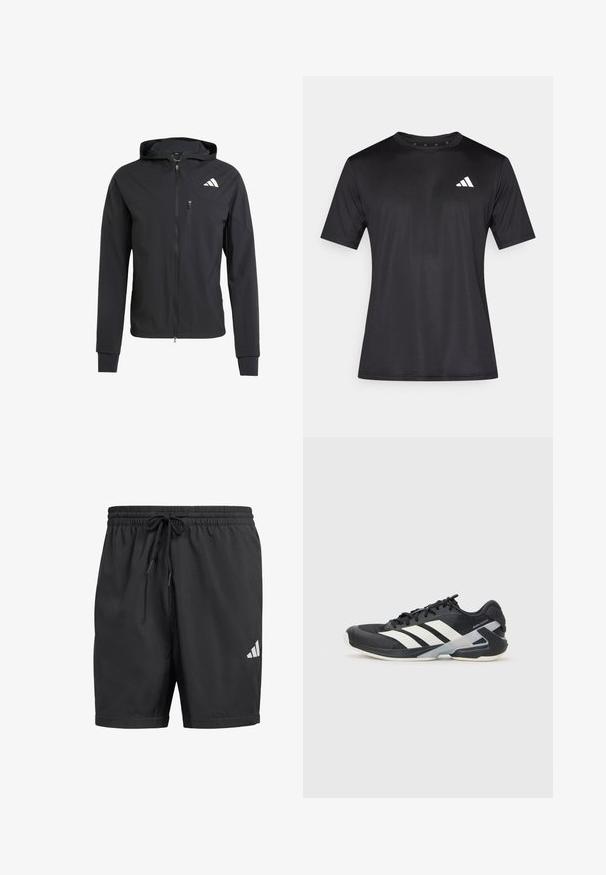 Casaco com capuz preto, com fecho éclair, feito de um tecido suave e leve. Possui um bolso no peito com fecho éclair e detalhe do logo no lado superior esquerdo.; T-shirt atlético preto feito de tecido de malha leve, com mangas curtas e um logótipo branco na área do peito esquerdo.; Bermudas atléticas pretas feitas de um tecido leve, apresentando uma cintura elástica com cordão e um logótipo branco da Adidas no lado inferior direito.; Sapata atlética preta com riscas brancas, parte superior em malha, biqueira arredondada e sola acolchoada. Apresenta um calcanhar texturizado e um sistema de atacadores seguro.