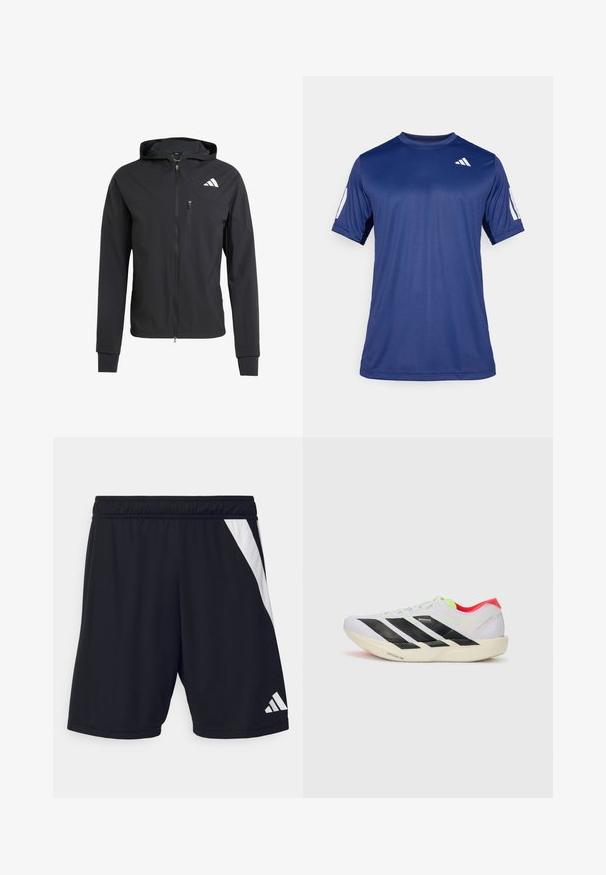 Musta vetoketjullinen huppari, joka on valmistettu pehmeästä ja kevyestä kankaasta. Siinä on vetoketjullinen rintatasku ja logotunnus vasemmalla ylhäällä.; T-paita tummansinisestä lyhythihaisesta urheiluvaatetuksesta, joka on valmistettu sileästä kankaasta. Paitassa on pyöreä pääntie ja valkoinen logo vasemmassa rintakehässä.; Mustat urheilushortsit, joissa on joustava vyötärö, vasemmalla puolella vinosti oleva valkoinen raita ja alareunassa oikealla puolella valkoinen logotehoste.; Valkoinen juoksukenkä, jossa on mustat raidat, neonvihreät yksityiskohdat ja punainen kanta. Ominaisuuksiin kuuluu kevyt muotoilu ja teksturoitu pohja pidon takaamiseksi.